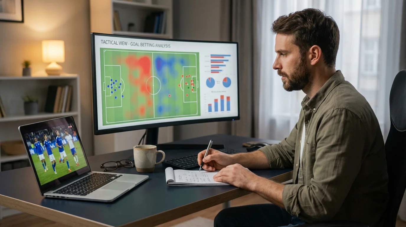 Analista de fútbol estudiando estadísticas xG y mapas de tiro en pantalla