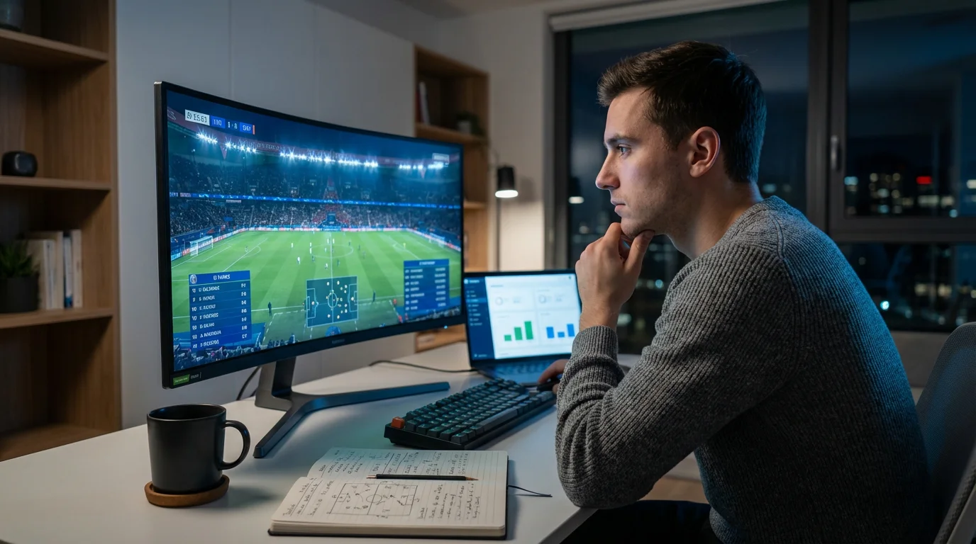 Persona analizando un partido de fútbol en pantalla con notas y estadísticas para apuestas
