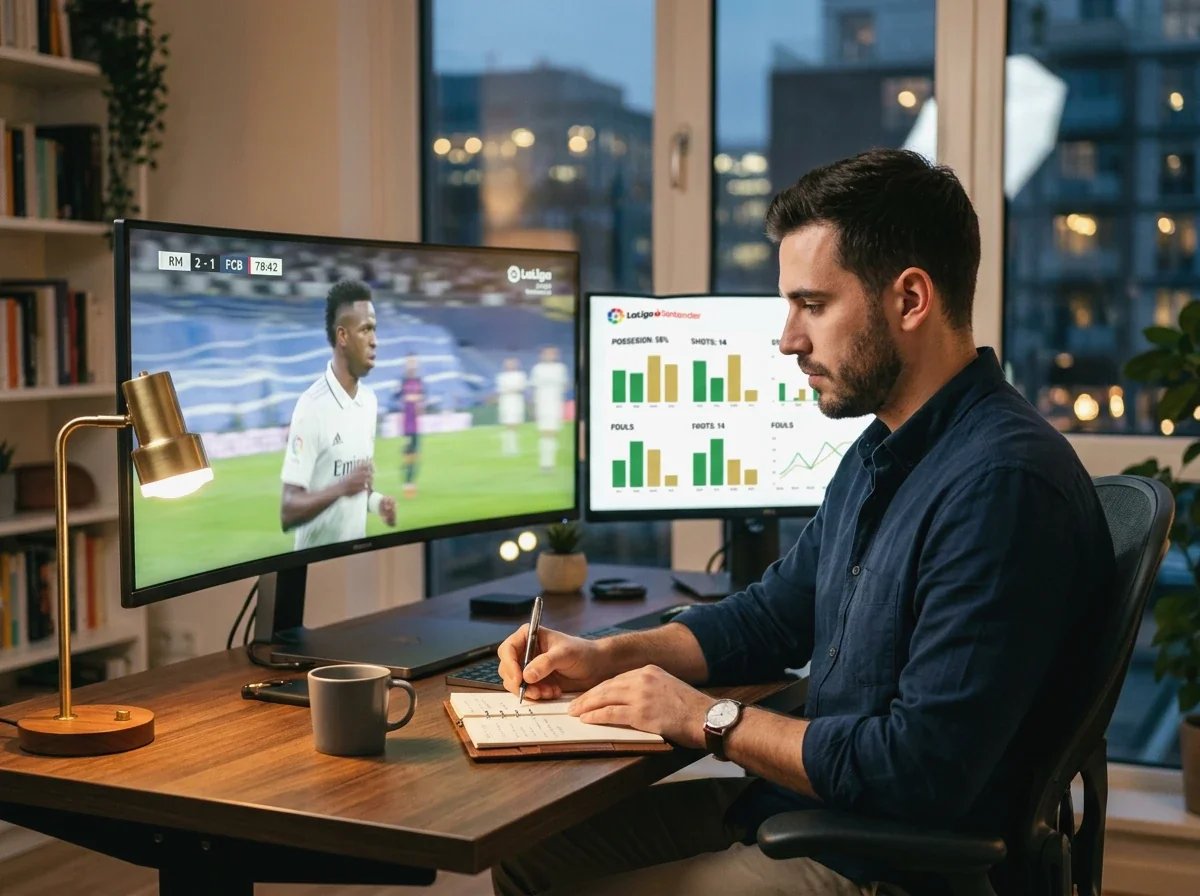 Profesional analizando estadísticas de partidos de La Liga en un monitor mientras toma notas