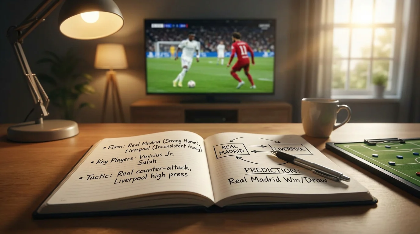 Cuaderno con análisis previo del partido sobre un escritorio con televisor mostrando fútbol de fondo