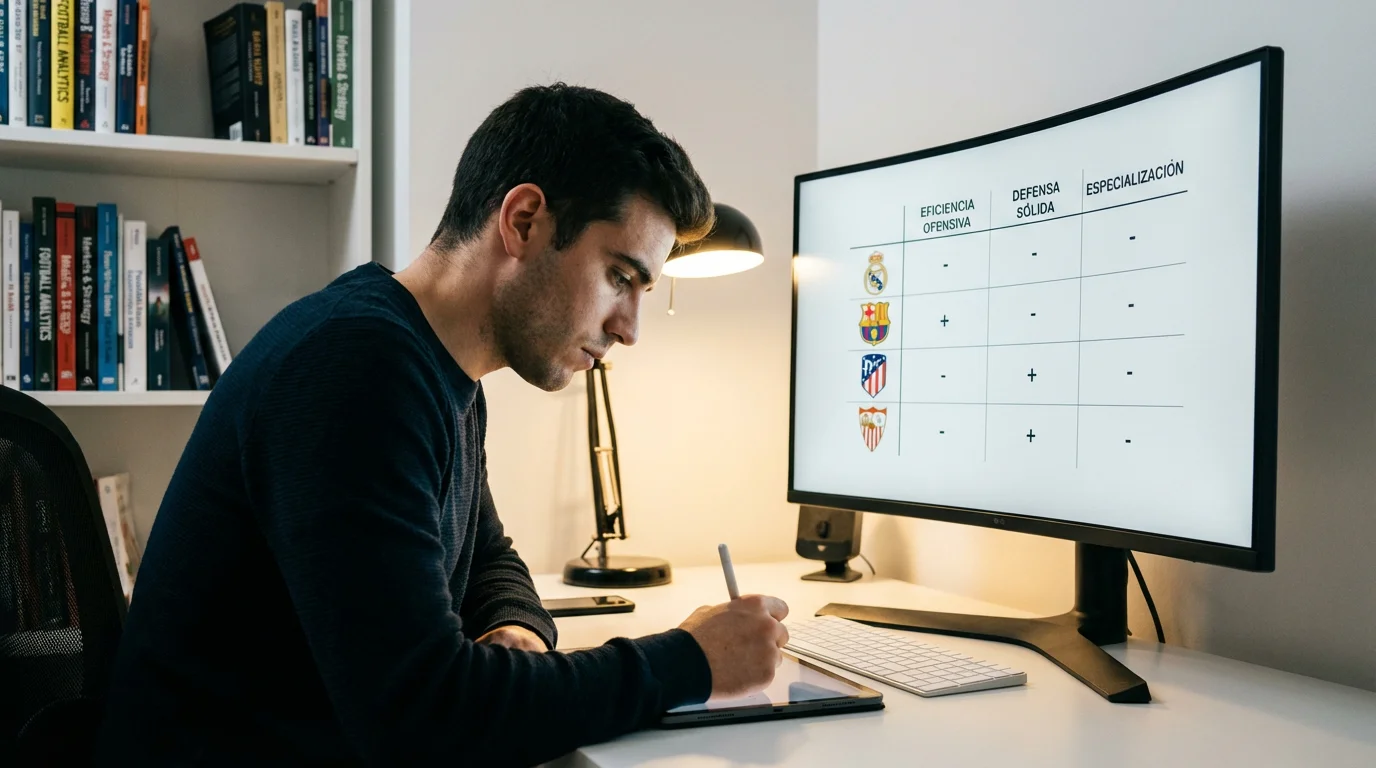 Hombre español analizando datos de partidos de fútbol en un monitor para identificar apuestas de valor