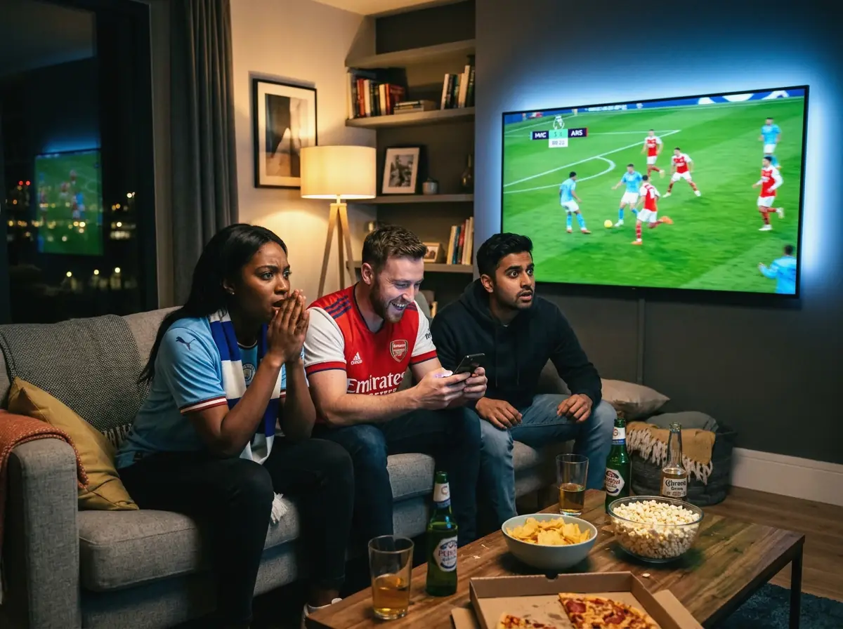 Grupo de amigos viendo un partido de fútbol en televisión con expresiones de emoción y anticipación durante las apuestas en vivo