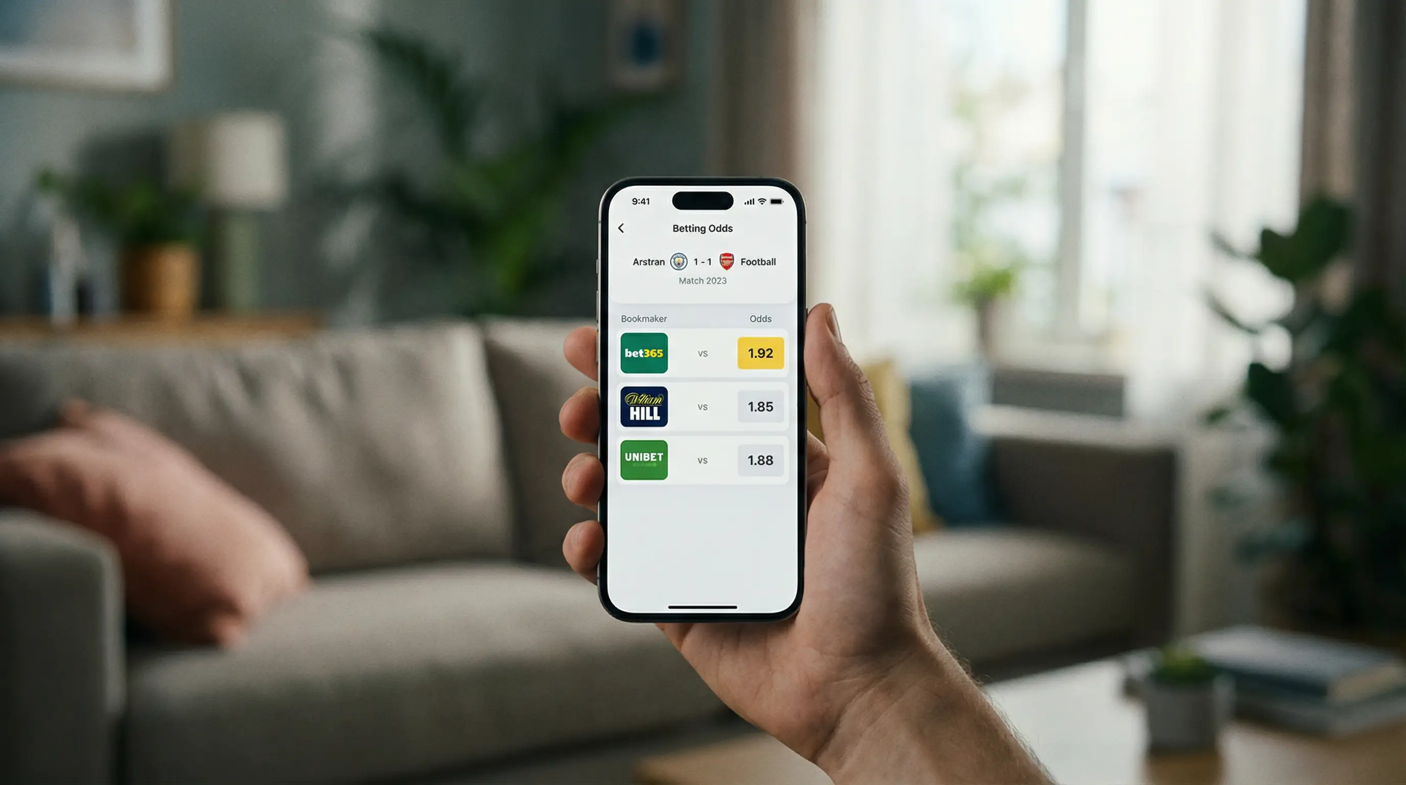 Smartphone mostrando aplicación de comparación de cuotas de diferentes casas de apuestas