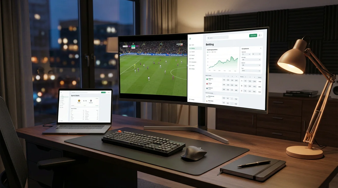 Configuración de escritorio moderna con monitor mostrando streaming de partido y plataforma de apuestas