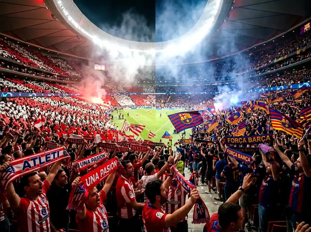 Impresionante ambiente de un derbi español con dos aficiones rivales en el estadio mostrando tifos y banderas de colores diferentes