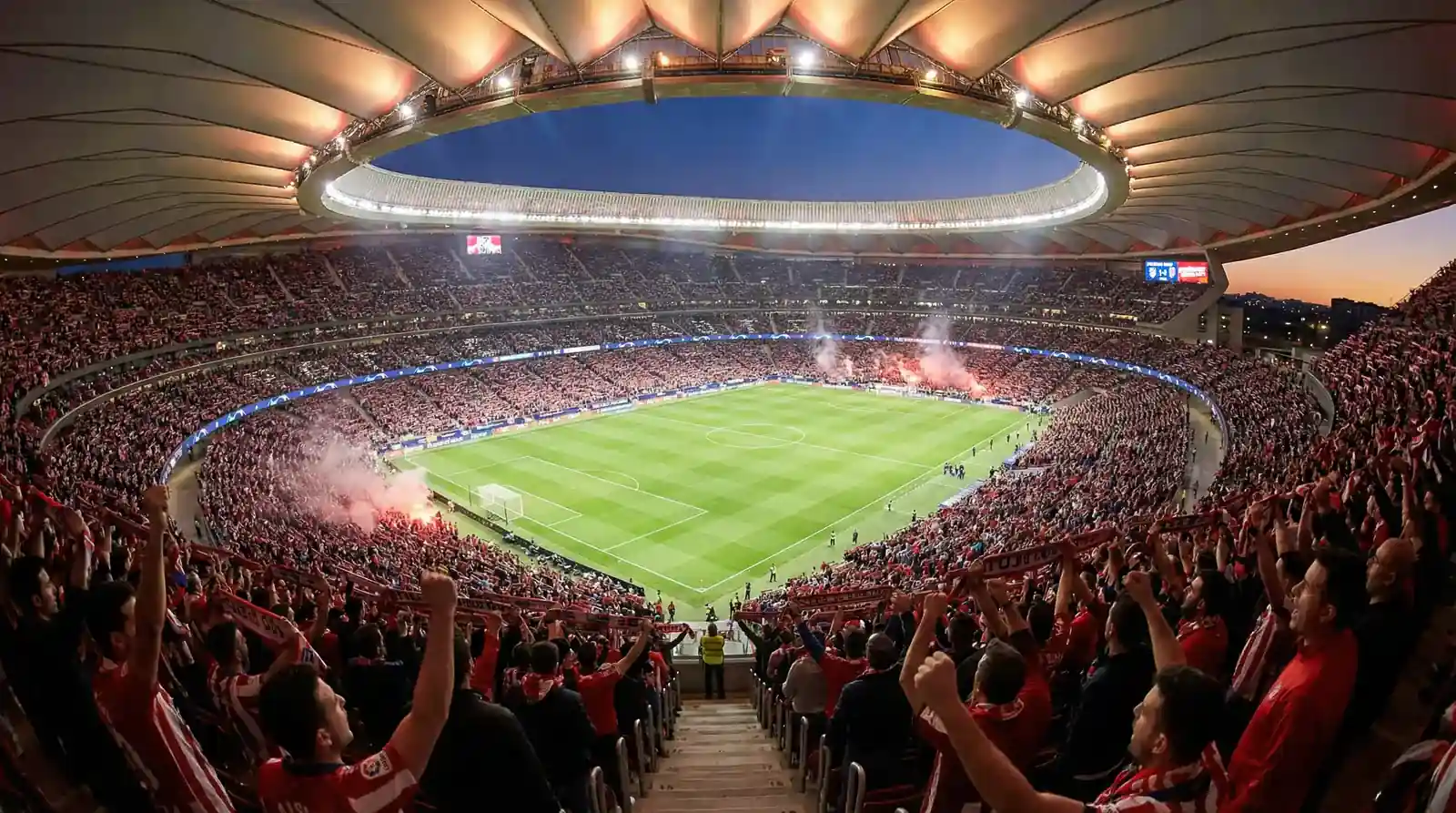 El estadio Metropolitano lleno de aficionados del Atlético de Madrid durante un derbi nocturno