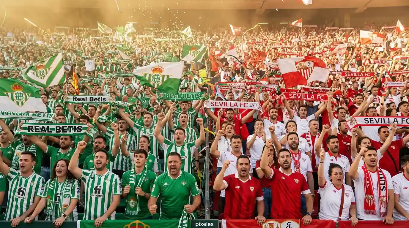Aficionados apasionados del Sevilla y Betis divididos en las gradas durante el derbi sevillano