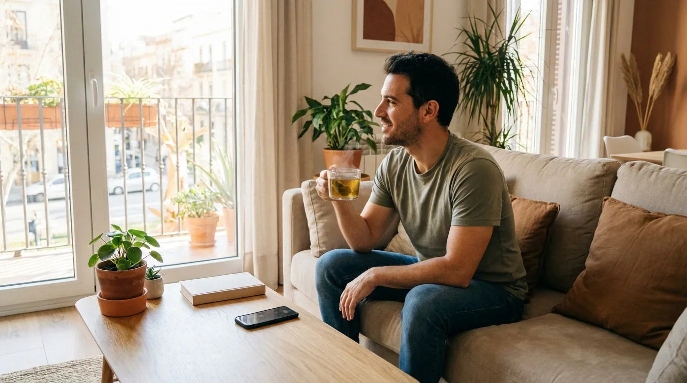 Hombre español tomando un descanso consciente de las apuestas mirando por la ventana con una taza de té