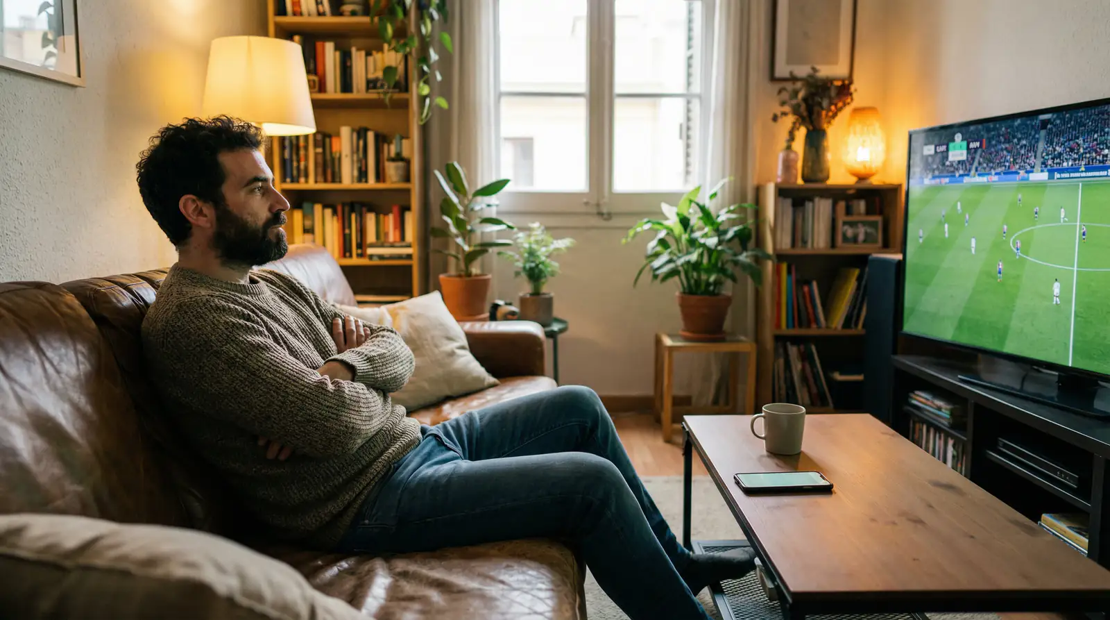 Hombre español tomando una pausa reflexiva durante un partido, mostrando control emocional y disciplina