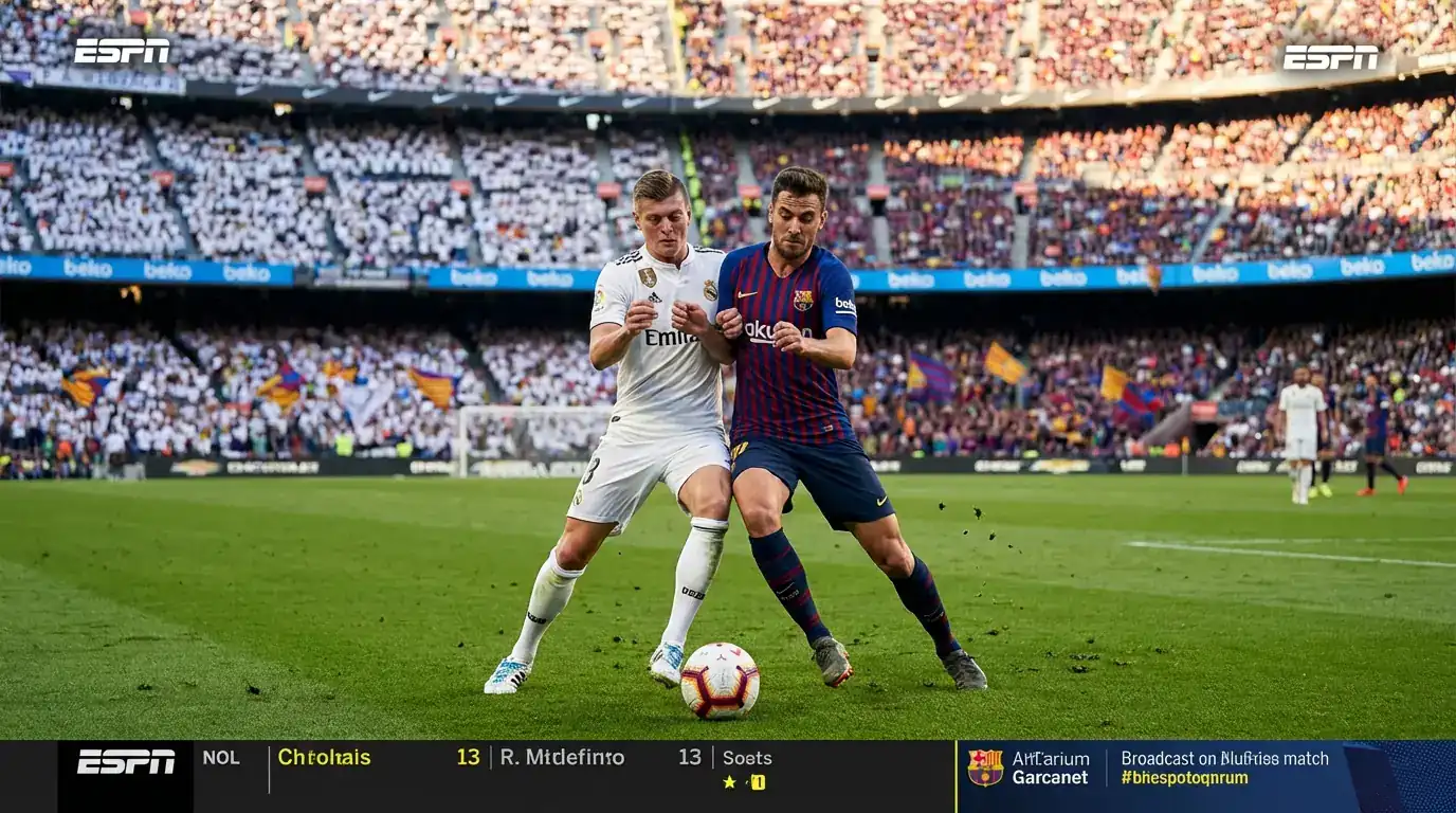 Jugadores de Real Madrid y Barcelona disputando el balón en un intenso momento de El Clásico