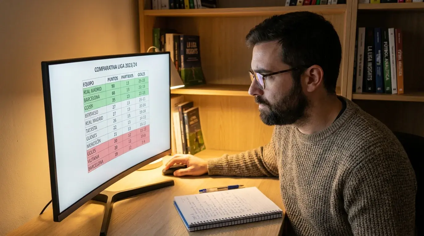 Hombre español analizando estadísticas de La Liga en un monitor con cuaderno de notas