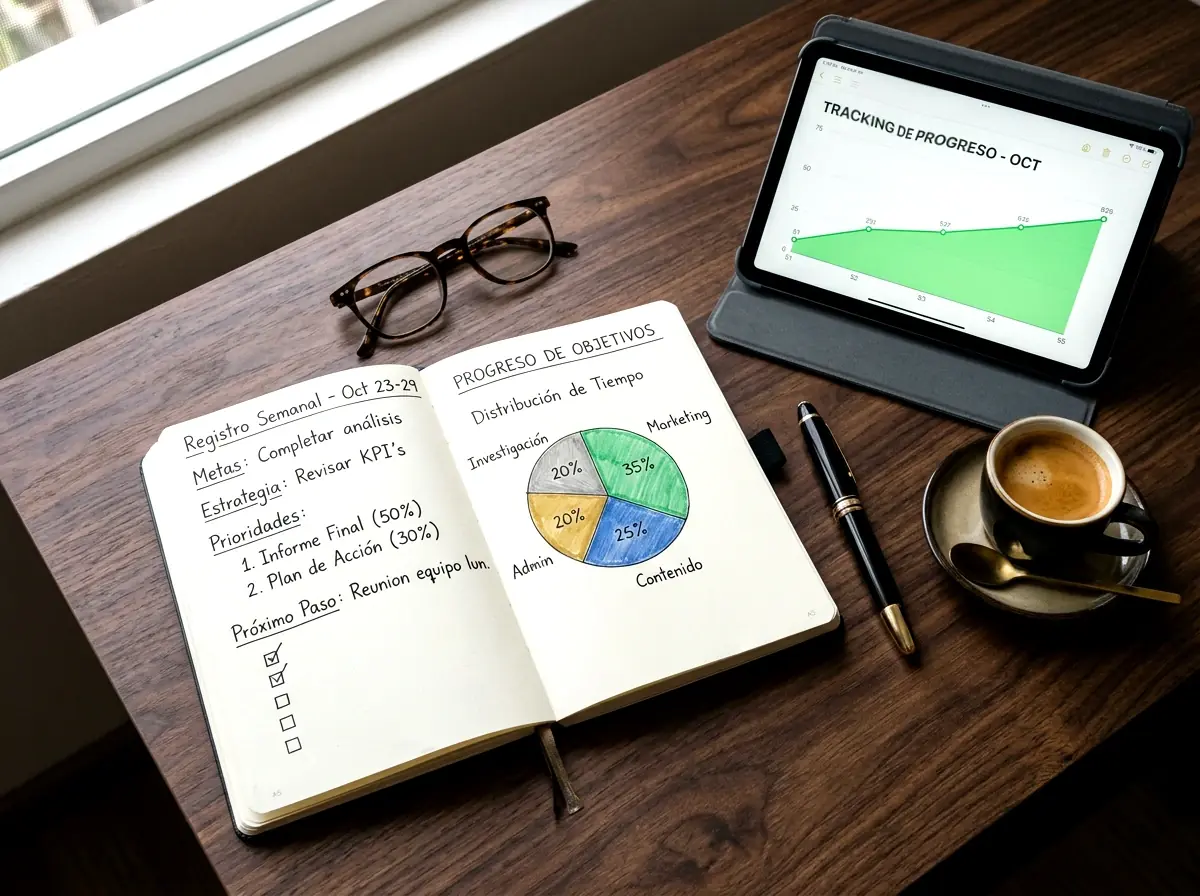 Vista cenital de un escritorio organizado con cuaderno de notas, tablet con gráficos de progreso y café, representando planificación metódica de apuestas