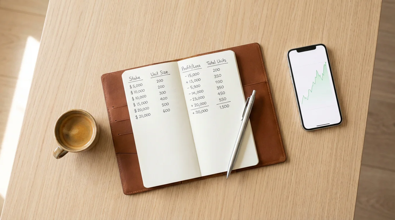 Escritorio organizado con cuaderno de gestión de bankroll y planificación de apuestas deportivas