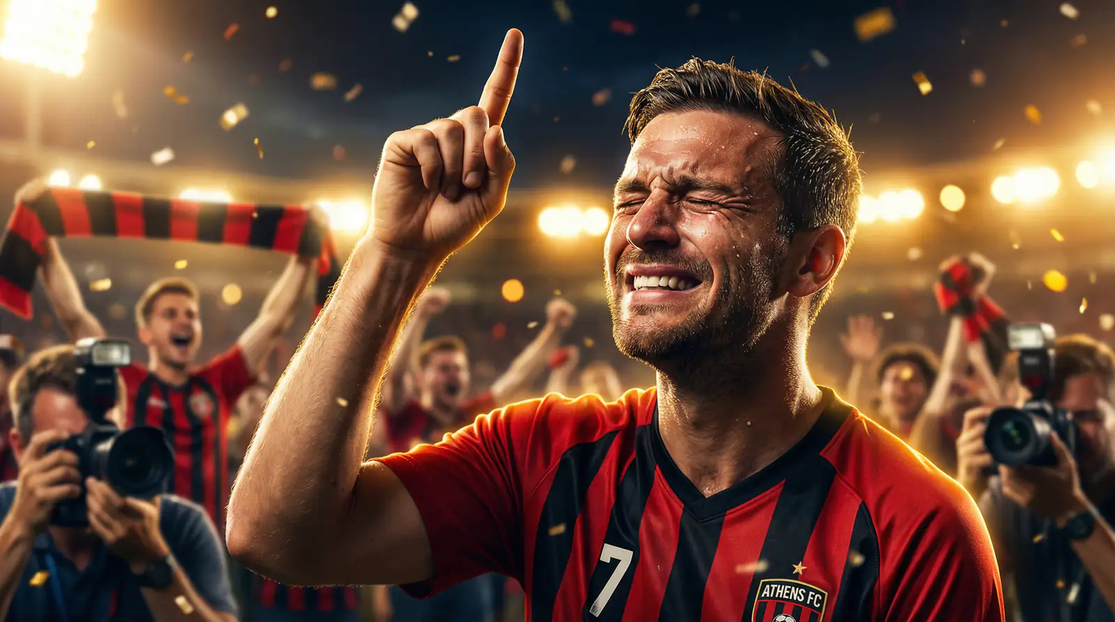 Delantero estrella celebrando un gol con emoción intensa bajo las luces del estadio