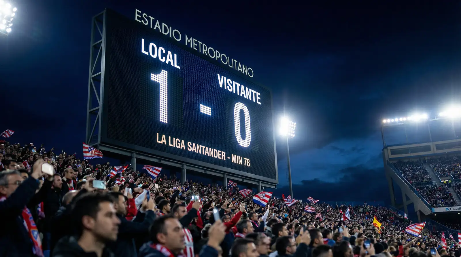 Marcador electrónico de un estadio de La Liga mostrando el resultado de un partido en directo