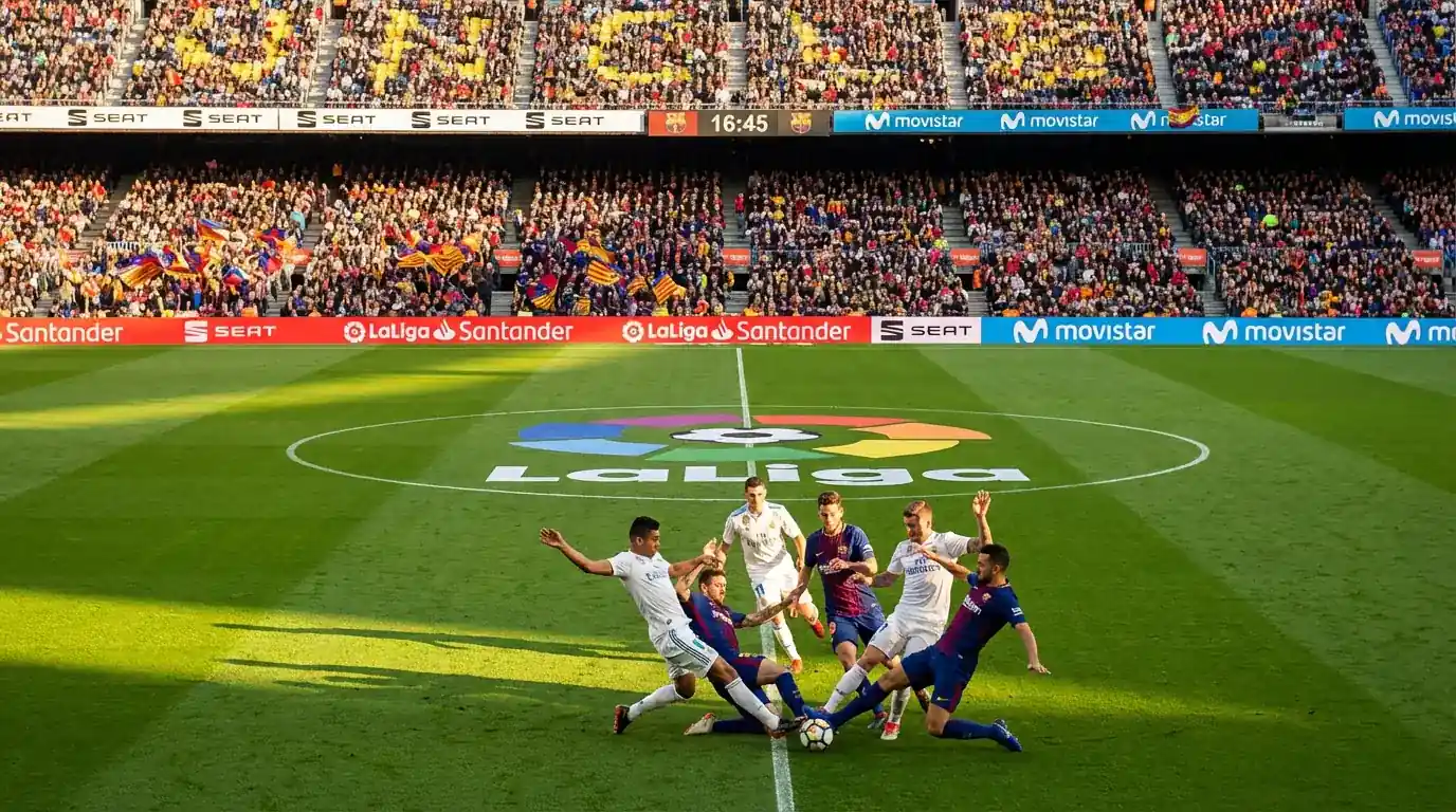 Acción intensa de un partido de La Liga con jugadores disputando el balón en el centro del campo