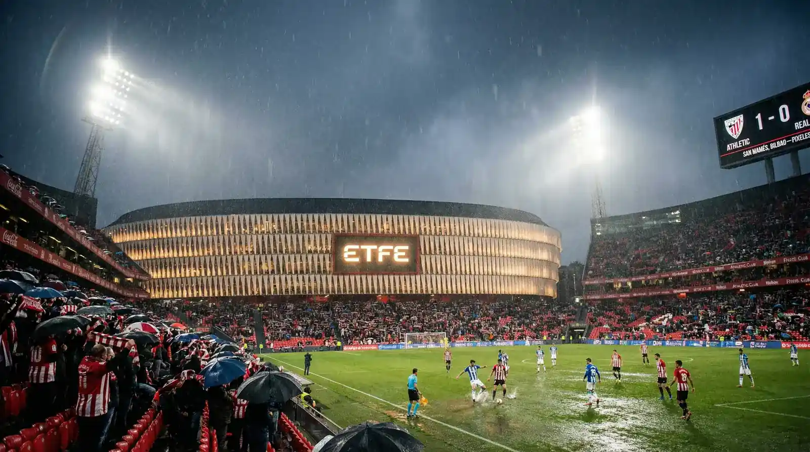 San Mamés bajo la lluvia durante un derbi vasco entre Athletic de Bilbao y Real Sociedad