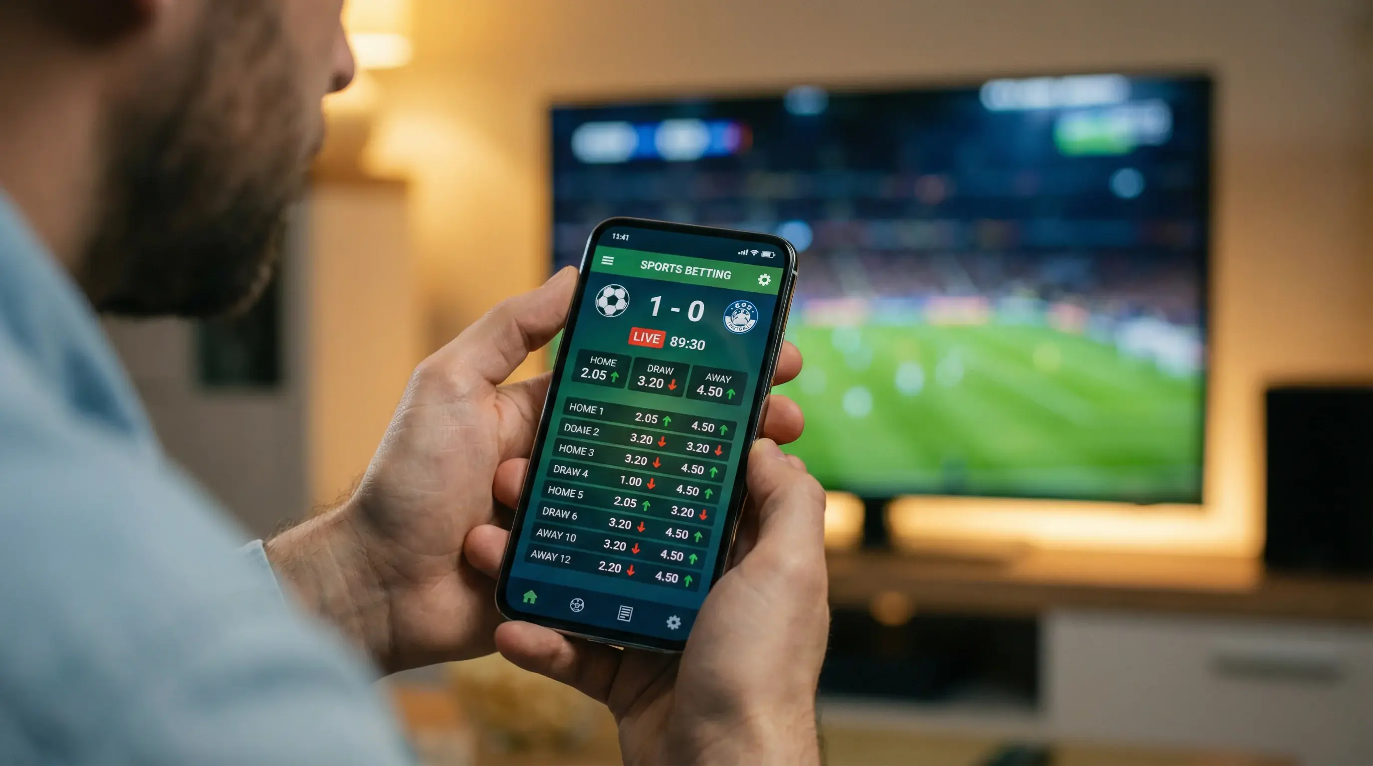 Manos sosteniendo un smartphone con aplicación de apuestas mostrando cuotas en vivo actualizándose